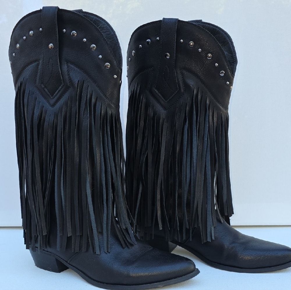 466. SheSole Black Fringe Studded Cowboy Boots - Size 39 (US 8-8.5)